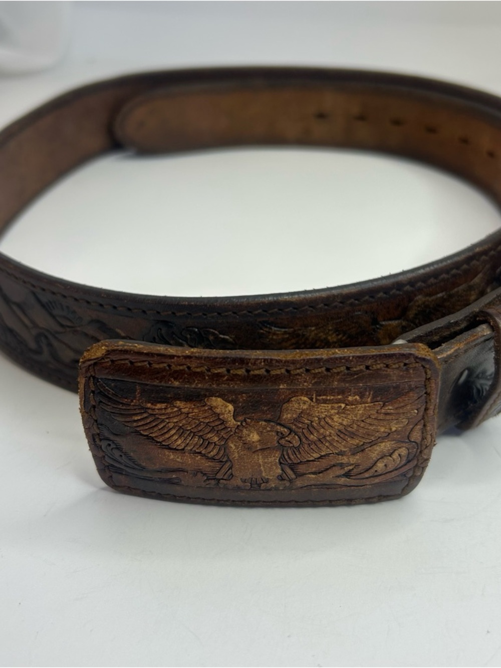 VTG Tooled Leather Belt Matching Eagle Buckle Sz 38-42.5 Brown Western Flora